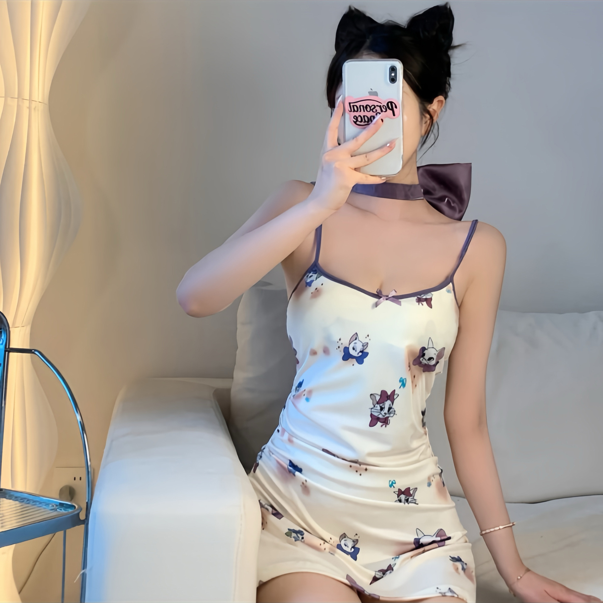 ชุดนอน สายเดี่ยว สีขาว-ม่วง X9951-P