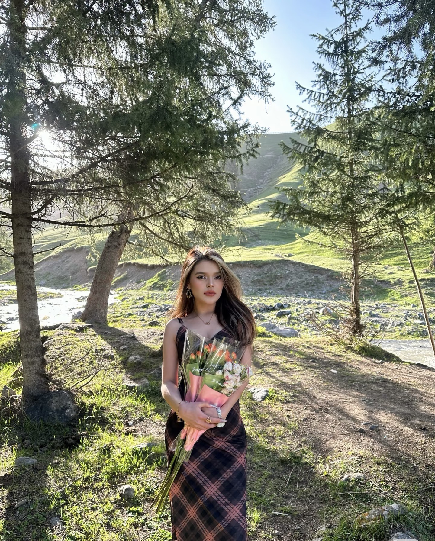 เดรสยาว สายเดี่ยว สก็อต เขียว-น้ำตาล รหัส CN2536