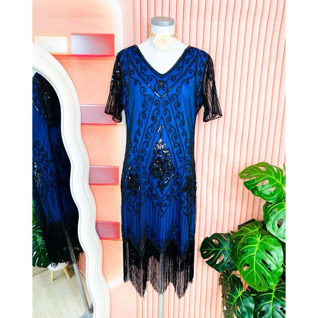 ไซด์ XL แบรนด์ Sweetv แท้ 100%🌸แกสบี้ มีแขน เดรส Gatsby งานเกล็ดวิบวับ สีดำ/น้ำเงิน ใส่ออกงาน ชุดราตรีแกสบี้ ชุดปาร์ตี้