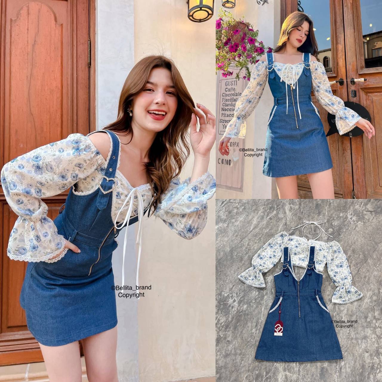 🍒 XS 🍒 ป้าย Bellita เซ็ทเอี๊ยม เสื้อครอปลายดอกไม้สีฟ้ากับเอี๊ยมผ้าเดนิมเป็นกระโปรงสั้น