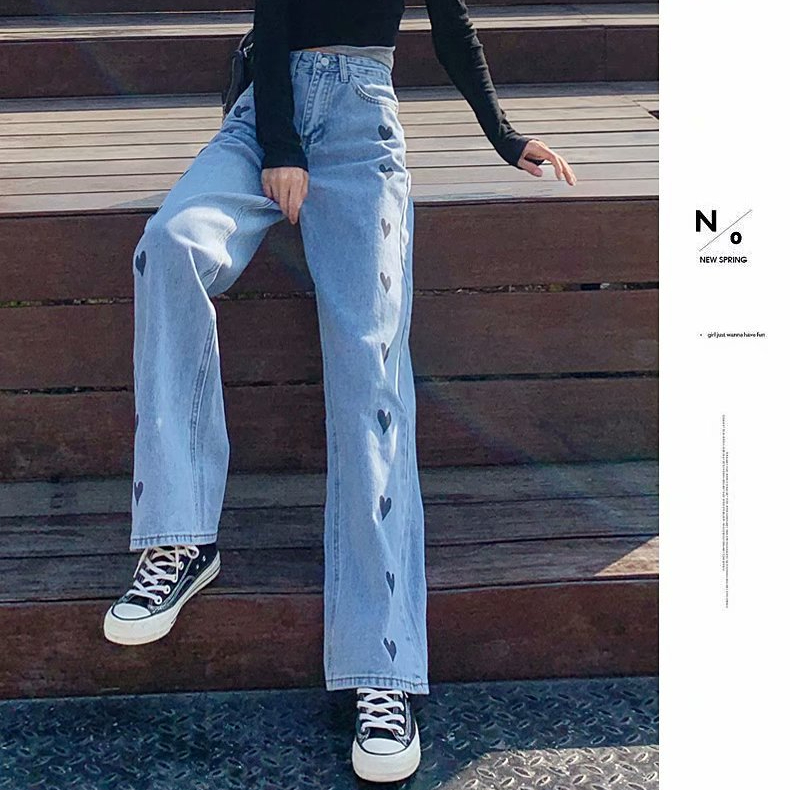 กางเกงขายาว ยีนส์ ปักหัวใจ รหัส Y001