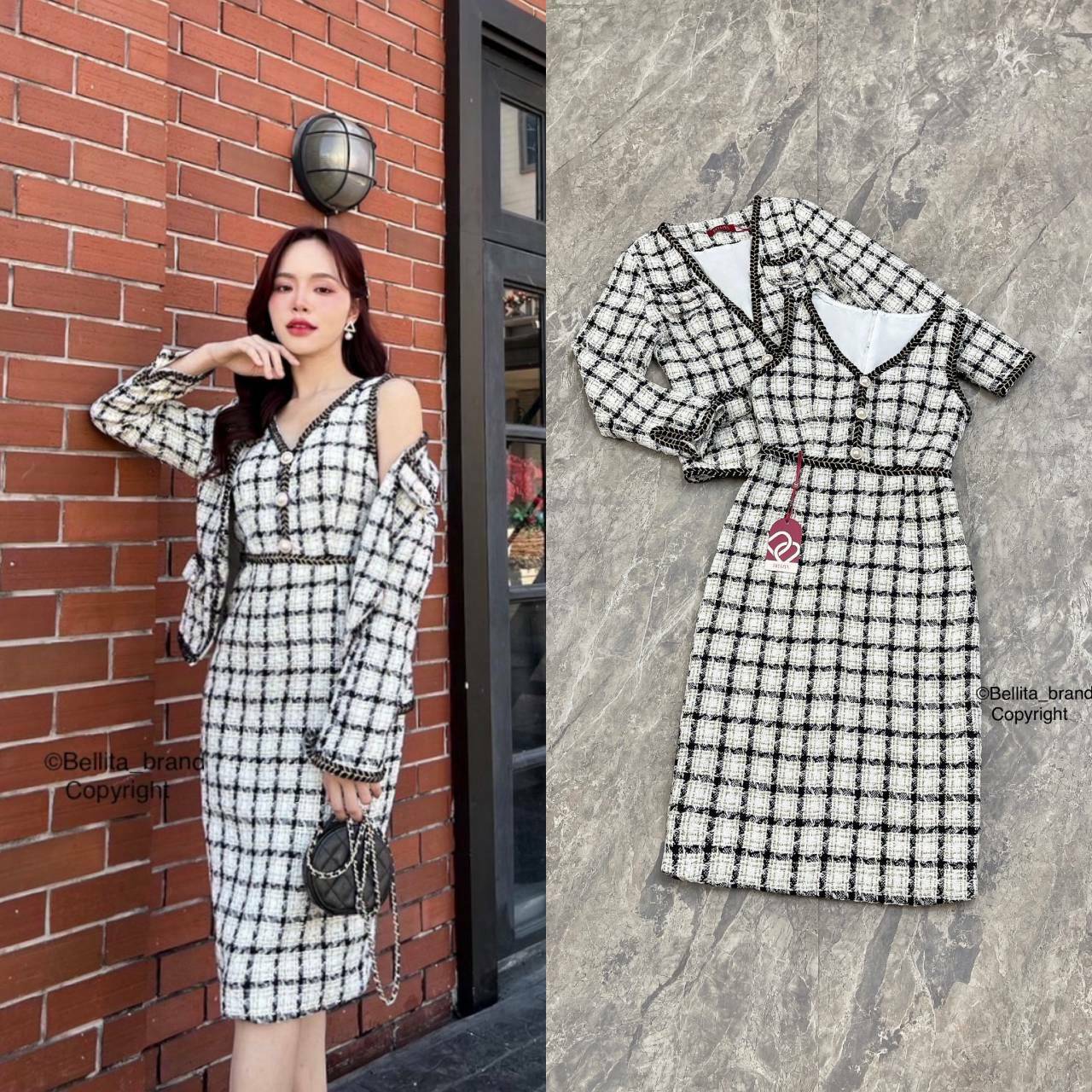 🍒 S 🍒 ป้าย Bellita เซ็ทเสื้อคลุม ชิ้นในเป็นเดรสผ้าทวีตสีคุมโทนขาวดำ