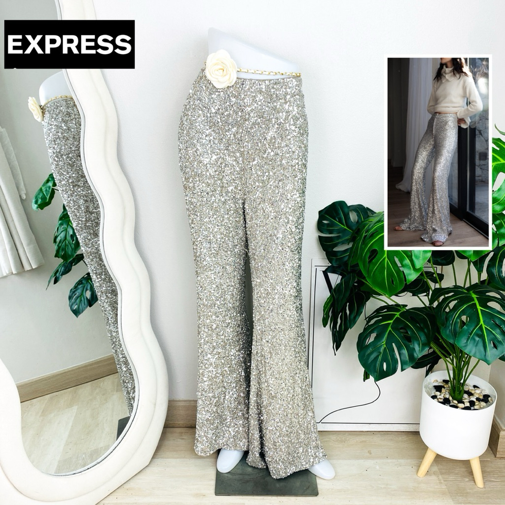ไซด์ XXL แบรนด์ Express แท้ 100%🌸กางเกง ขาม้า Luxury เกล็ดแน่น เอวสูง งานเกล็ดวิบวับ สีเงิน ใส่ออกงาน ชุดปาร์ตี้(2)
