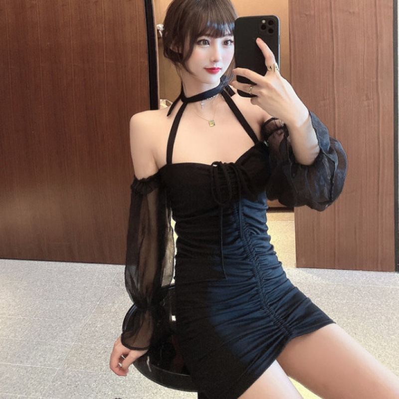 เดรสสั้น ปาดไหล่ สไตล์เกาหลี CN8078 พร้อมส่งในไทย