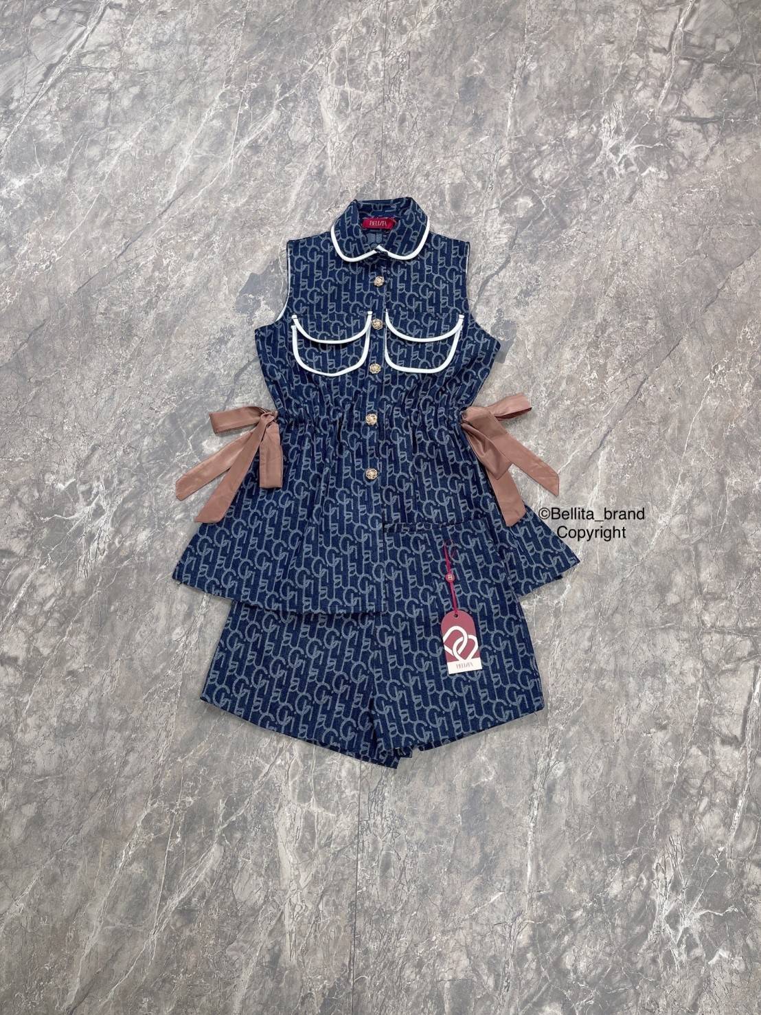 🍒 S 🍒 ป้าย Bellita เซ็ทเสื้อรูดเอว+กางเกงสีกรม