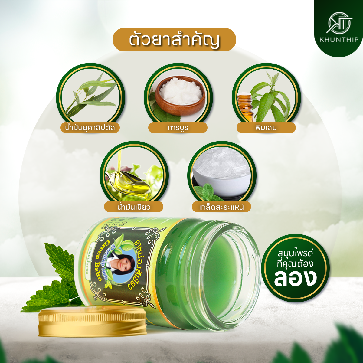 ยาหม่องสมุนไพรคุณทิพย์ ยาหม่องสีเขียว (Khunthip Green Herbal Balm 50g) ยาหม่องน้ำมันสีเขียว สูตรเสลดพังพอน ขนาด 50 กรัม
