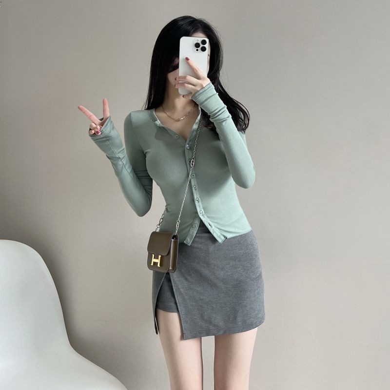 Honeybeee เสื้อคาร์ดิแกน แขนยาว เอวสูง สไตล์เกาหลี เซ็กซี่ สําหรับผู้หญิง