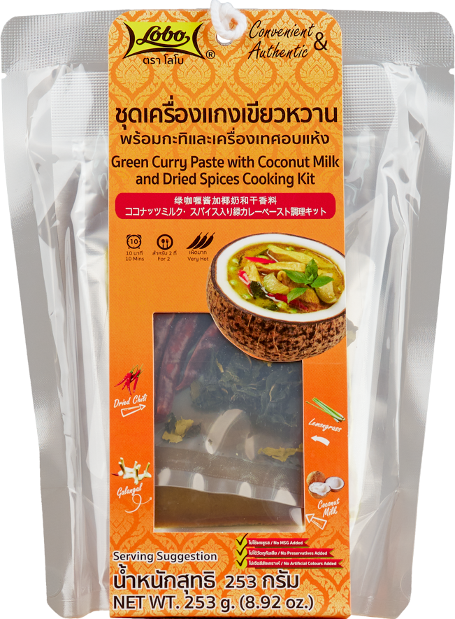 ชุดเครื่องแกงเขียวหวานพร้อมกะทิและเครื่องเทศอบแห้ง 253 กรัม / Green Curry Paste with Coconut Milk and Dried Spices Cooking Kit 253 gram.