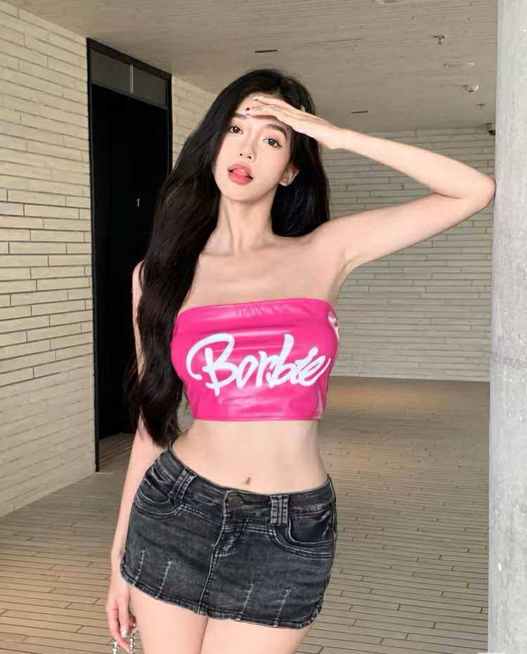 เสื้อครอป เกาะอก บาร์บี้ ชมพู CN5231 พร้อมส่ง