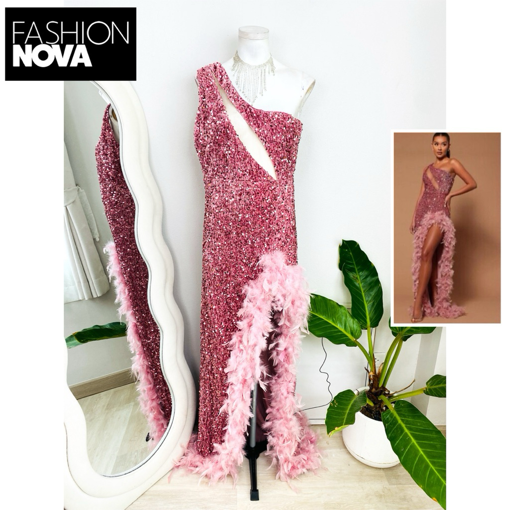 ไซด์ XL แบรนด์ Nova แท้100%🌸Maxi dress เดรสยาว แต่งขนนก ผ้ากำมะหยี่ งานเกล็ดวิบวับ สีชมพูบาร์บี้ เดรสออกงาน ชุดปาร์ตี้