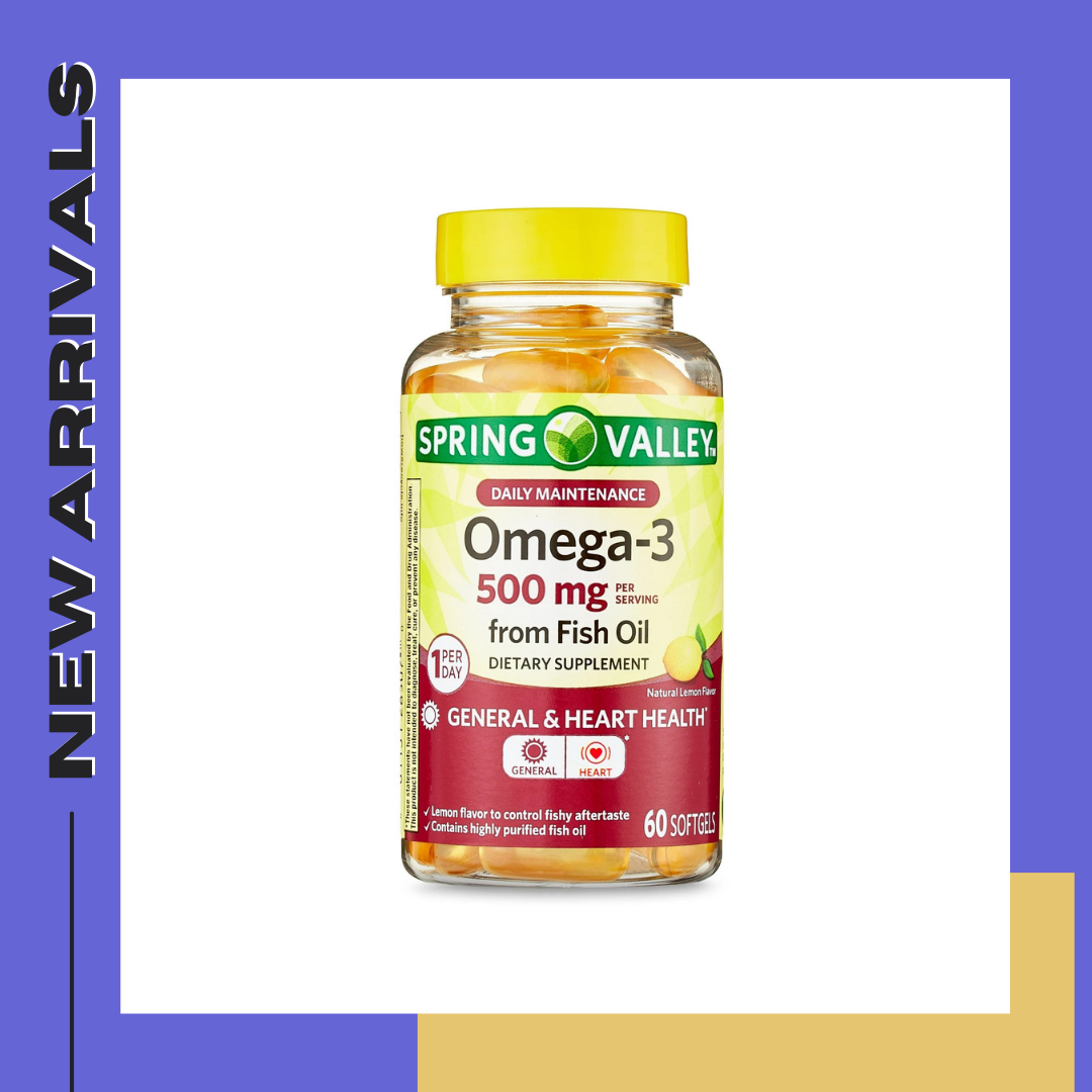 Spring Valley Fish Oil Omega-3 General & Heart Health Dietary Supplement Softgels, 500 mg, 60 Count