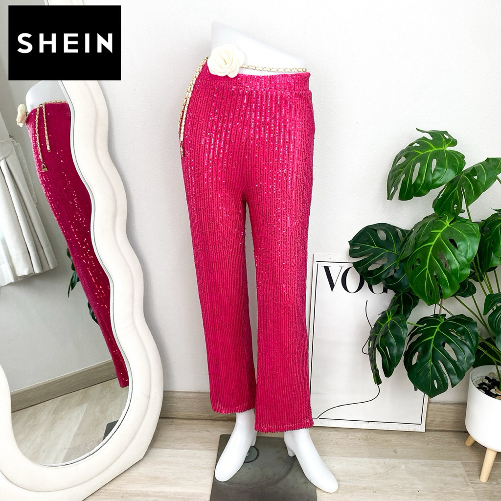 ไซด์ S แบรนด์ Shein แท้ 100%🌸กางเกง เอวสูง งานเกล็ดวิบวับ สีชมพู ใส่ออกงาน ชุดออกงาน ชุดปาร์ตี้