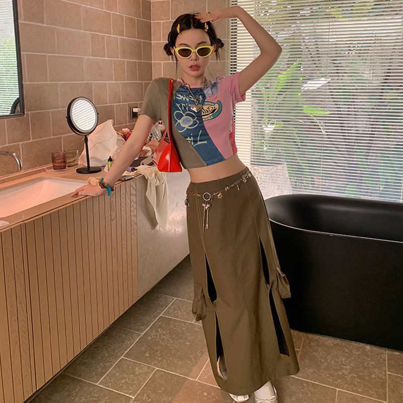 เสื้อยืดครอป คอกลม ลายวินเทจ รหัส CN2376