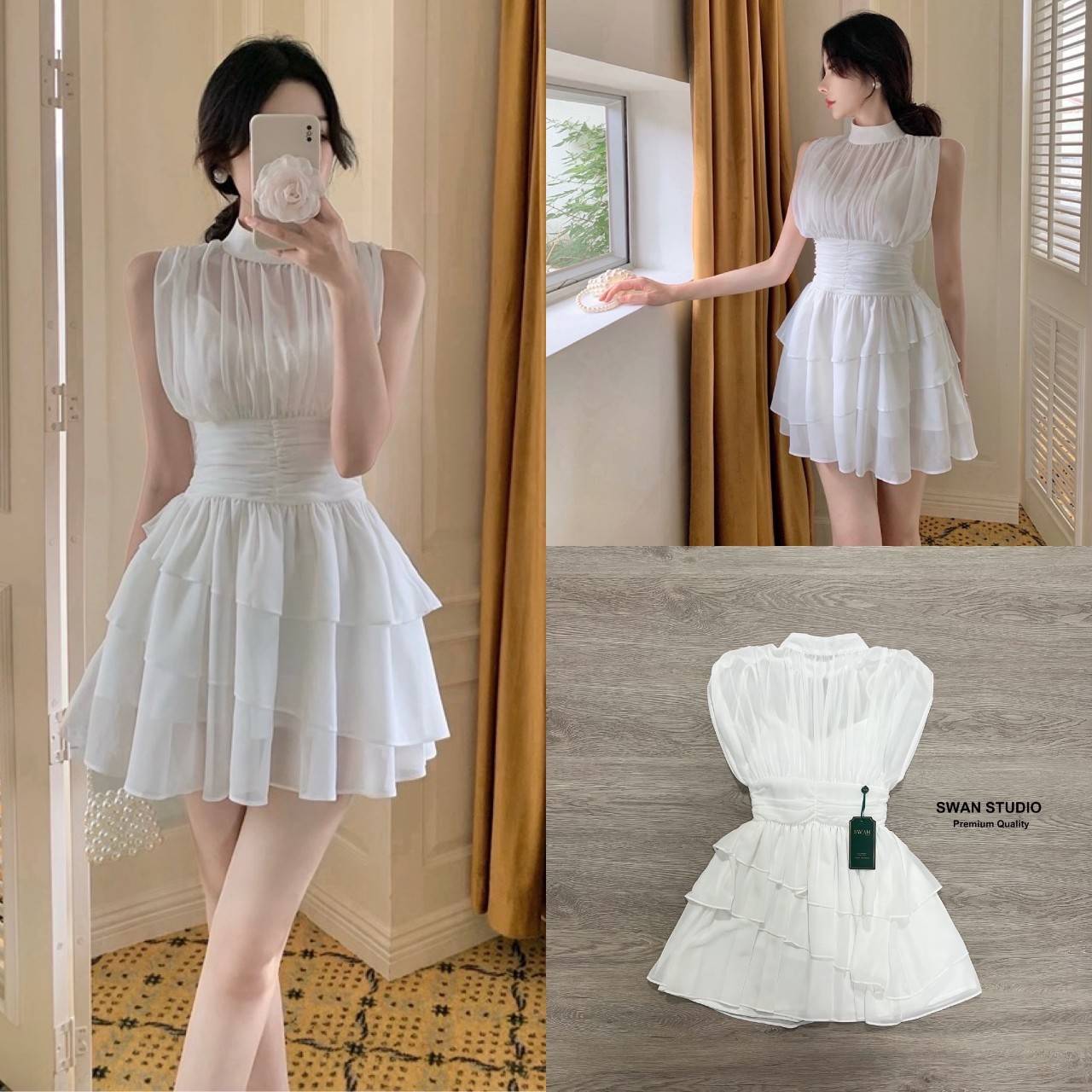 🌸 L 🌸SWAN มินิเดรสสีขาว แต่งผ้าจีบๆทั้งตัว คอทรงสูง
