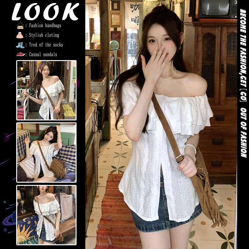 เสื้้อปาดไหล่ แต่งระบายแขน ปกติ-พลัสไซส์ พร้อมส่งในไทย