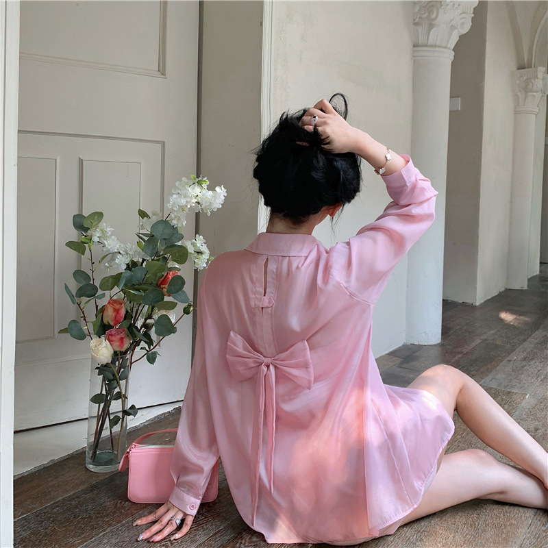 เสื้อเชิ้ต ซีทรู โบว์หลัง สีขาว CN8787