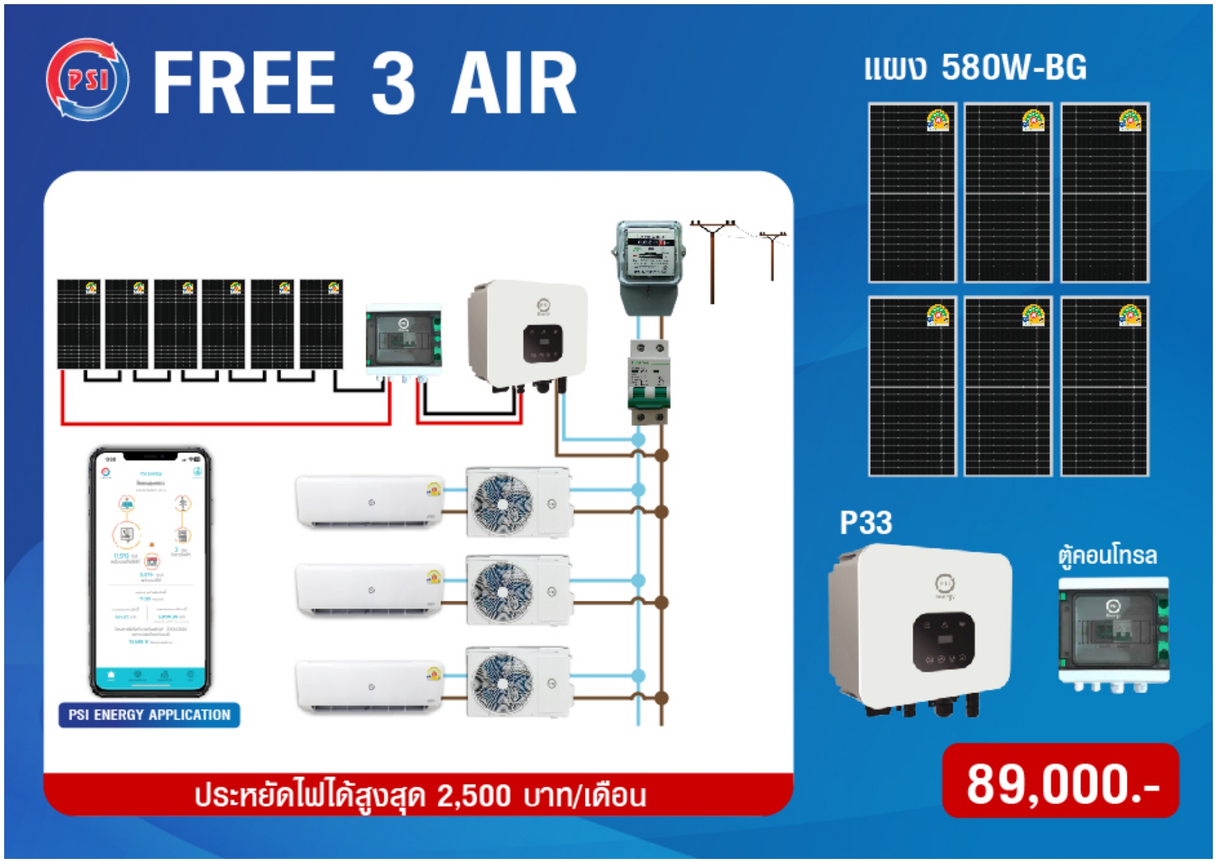 ชุดโซล่าเซลล์ PSI Free 3 Air ราคา 89,000.00 บาท พร้อมติดตั้ง