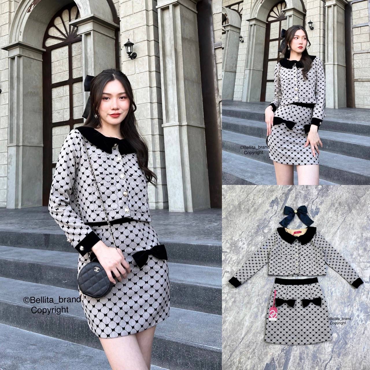 🍒 S 🍒 ป้าย Bellita เซ็ท 3 ชิ้น เสื้อครอปกระดุมหน้าแขนยาว กระโปรงเอวสูง