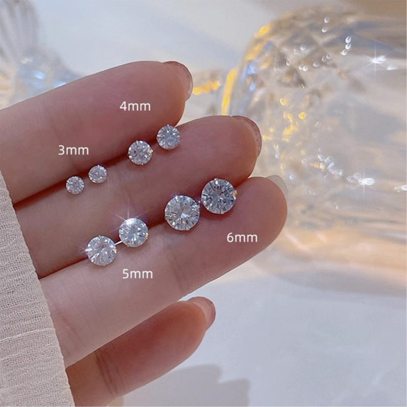 ตุ้มหู เพชร ขนาด 3-6 MM. เงิน 925 สวยหรู แบบเรียบง่าย 1 คู่