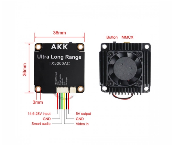 AKK TX5000AC Ultra Long Range All Channels Version 5W 4.9G-6G Ultra Wide Band 96CH VTX สำหรับโดรน โดรนเกษตร