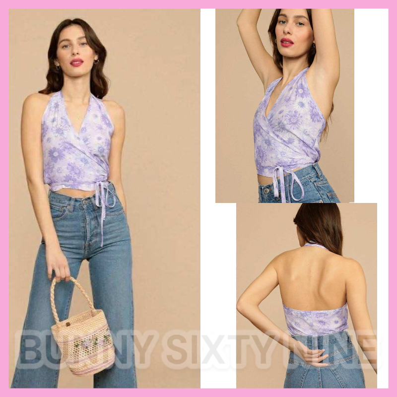 เสื้อสายเดี่ยว ลายดอกไม้ม่วง สไตลส์เกาหลี CN8463 พร้อมส่งในไทย