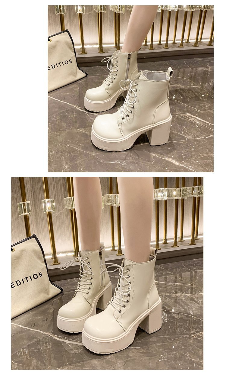 รองเท้าบูท ดำ/เบจ ถักเชื่อก ส้นสูง 3 นิ้ว พร้อมส่งในไทย