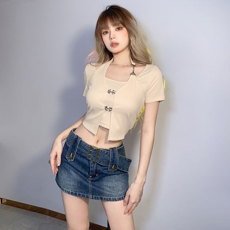 เสื้อยืดแขนสั้น แต่งสายโซ่ สไตล์เกาหลี CN1193