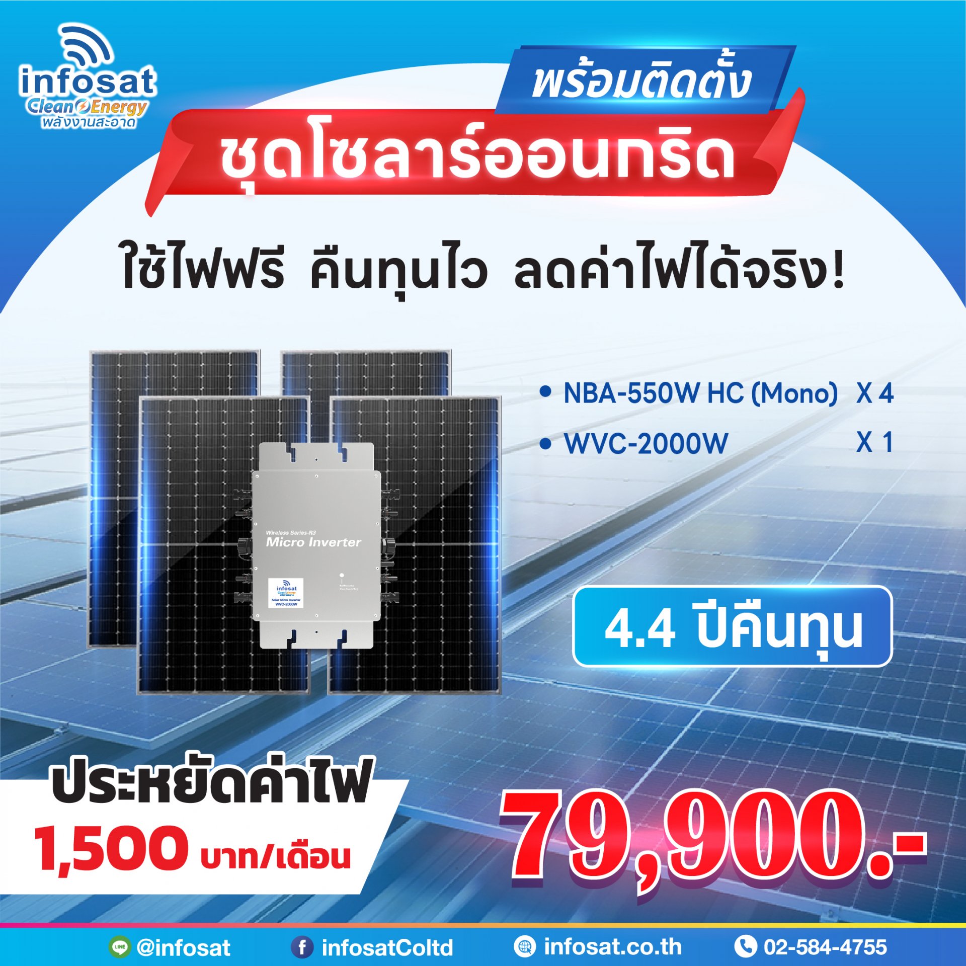 ชุดแนะนำรวมติดตั้ง ชุด On-Grid 2000W รุ่น NBA-550W. HC Mono 4 แผง