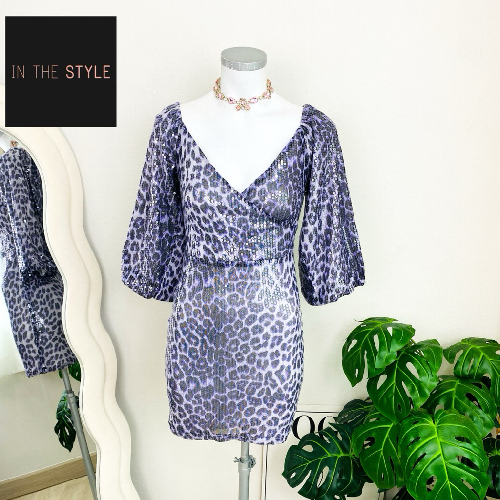 ไซด์ XS แบรนด์ In the style แท้ 100%🌸มินิเดรส ลายเสือ แขนอลัง งานเกล็ดวิบวับ สีม่วง ใส่ออกงาน เดรสออกงาน ชุดปาร์ตี้