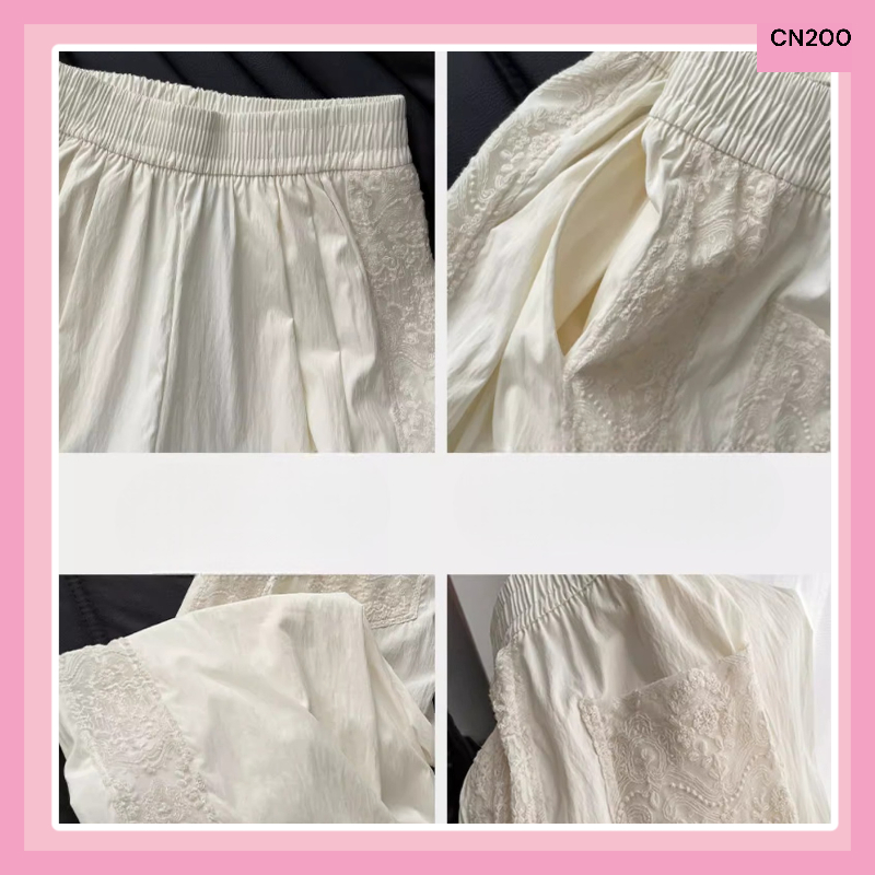 กางเกงวอร์มแถบลูกไม้ กางเกงขายาว สีเบจ รหัส CN200