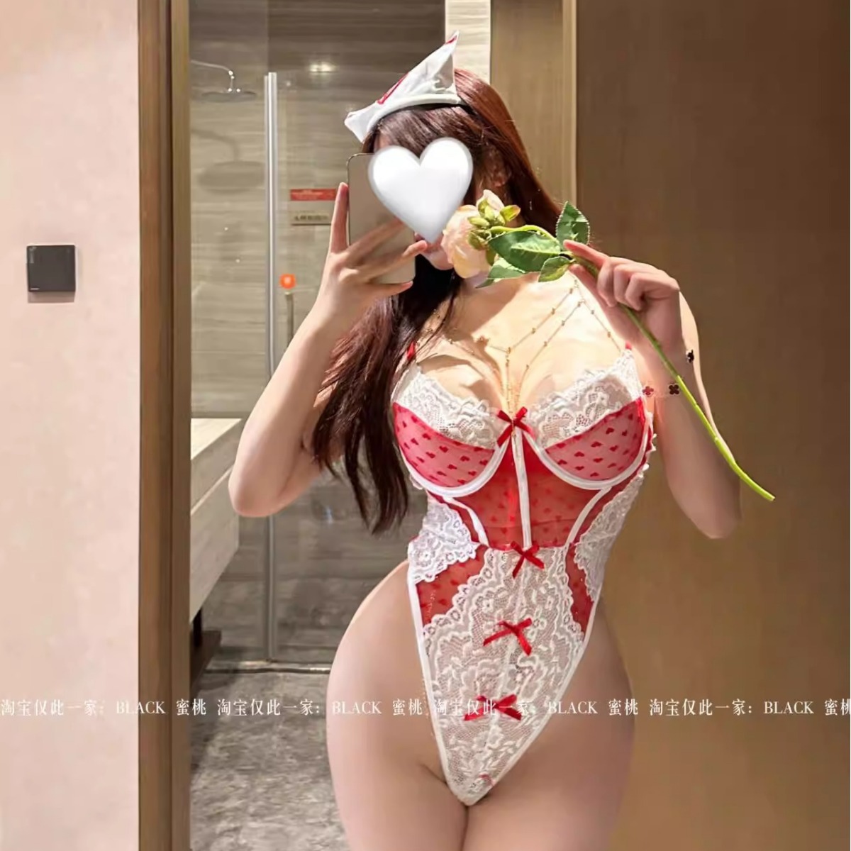 ชุดบอดี้สูท พยาบาล สีขาว-แดง X9956-P