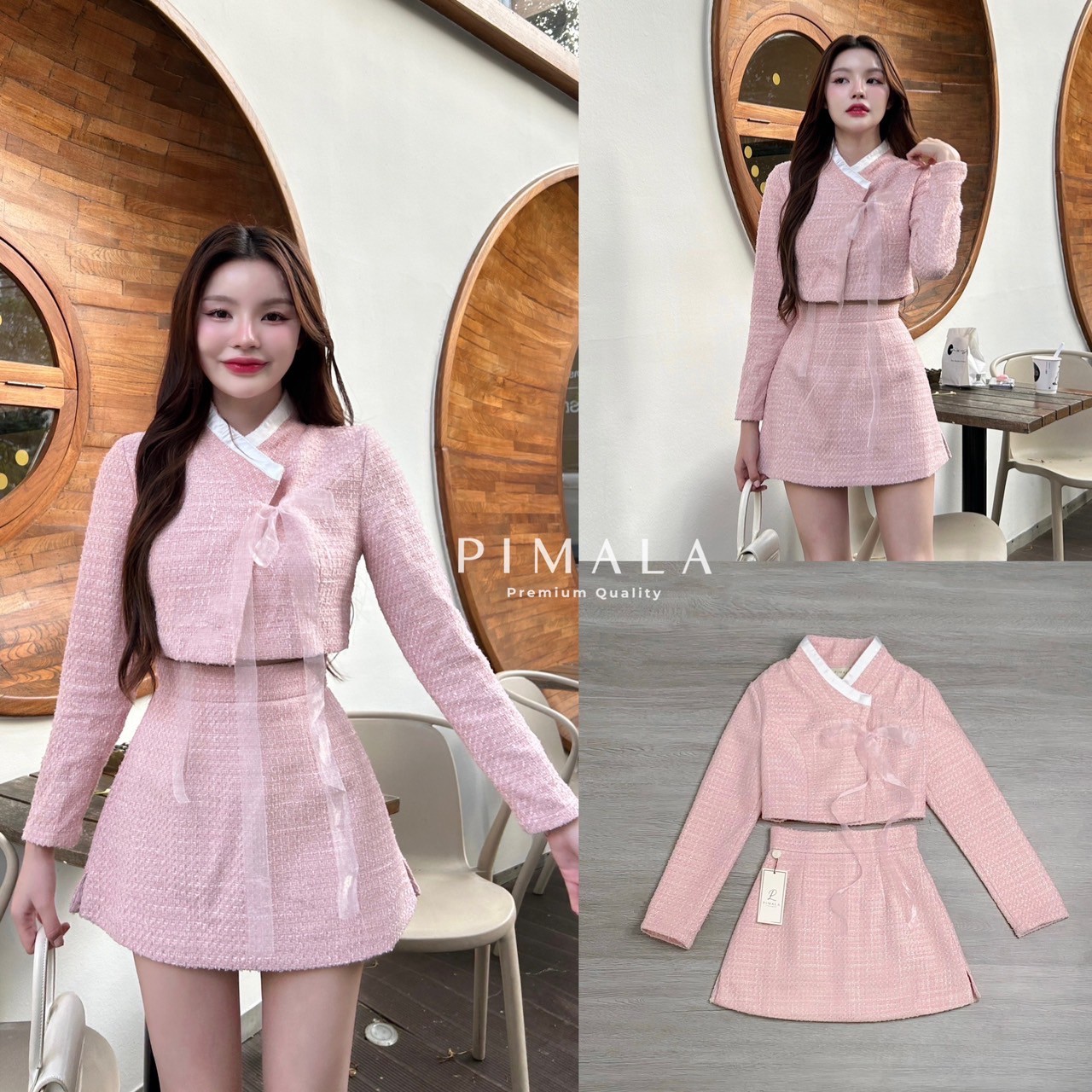 💖 S 💖 PIMALA เซ็ทครอปแขนยาวใส่ผูกหน้าสายโบว์ยาว+กระโปรง