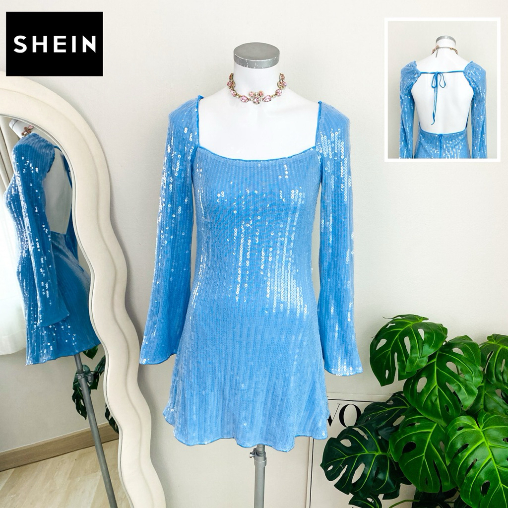 ไซด์ S แบรนด์ Shein แท้ 100%🌸เดรส โชว์หลัง Luxury งานเกล็ดวิบวับ สีฟ้า ใส่ออกงาน ทรงเข้ารูป เดรสออกงาน ชุดปาร์ตี้