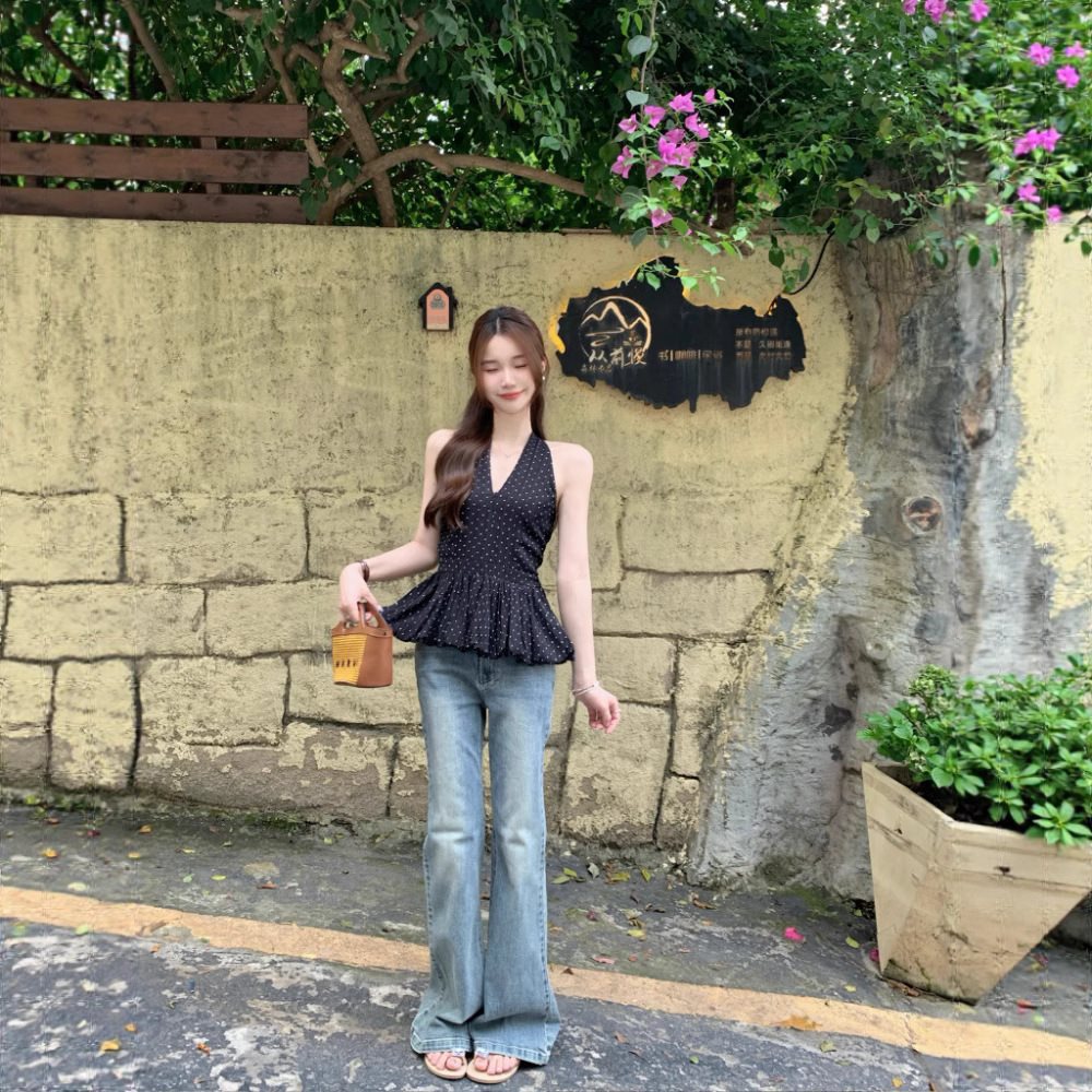 ส่งด่วนในไทย เสื้้อสายเดี่ยว บอลลูน ลายจุด สไตล์เกาหลี พร้อมส่ง CN7562