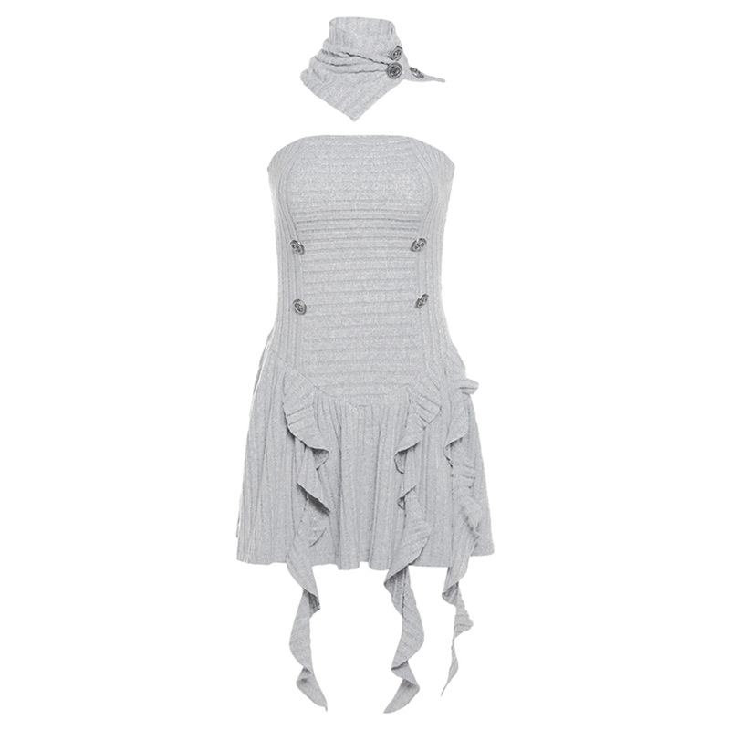 ชุดเดรส เกาะอก+ปลอกคอ สีเทาอ่อน CN40373