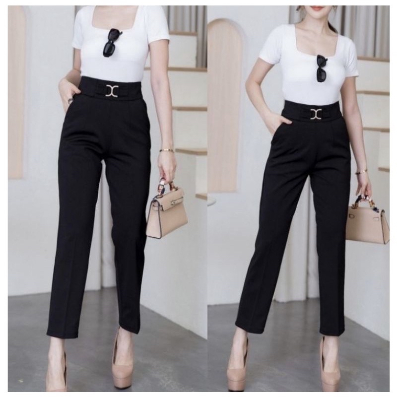 กางเกงขายาว กางเกงเอวสูง แต่งอะไหล่ AA