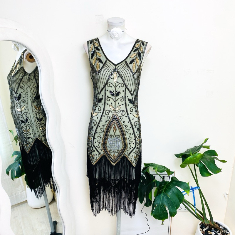 ไซด์ S/XL แบรนด์ BAB แท้ 100%🌸แกสบี้ แต่งตุ้งติ้ง 2 ชั้น เดรส Gatsby งานเกล็ดวิบวับ สีครีม/ทอง ชุดราตรีแกสบี้ ชุดปาร์ตี้