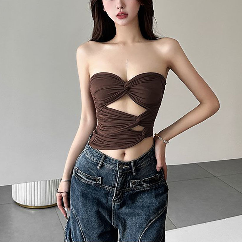 เสื้อเกาะอก ผ้าร่อง ดีเทลหย่น สีน้ำตาล CN2891 พร้อมส่งในไทย