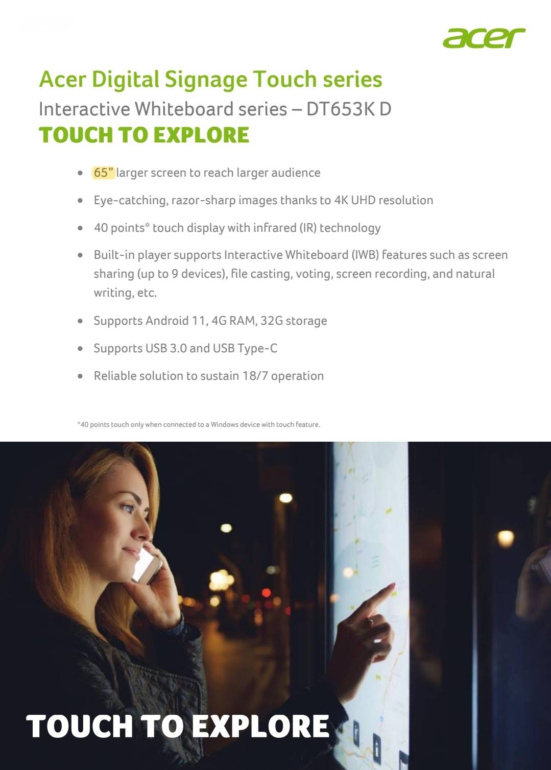 Acer DT753K D Interactive Touch Screen Display จอสัมผัสอัจฉริยะ 40จุด พร้อมกัน ขนาด 75 นิ้ว ความละเอียด 4K ที่มี Interactive Whiteboard (IWB) Feature ในตัว รองรับ Android 11