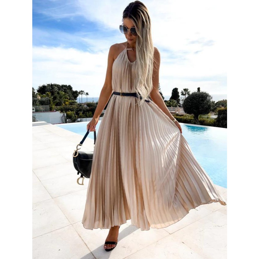 เดรสยาว อัดพลีท แถมฟรี เข็มขัด รหัส C710