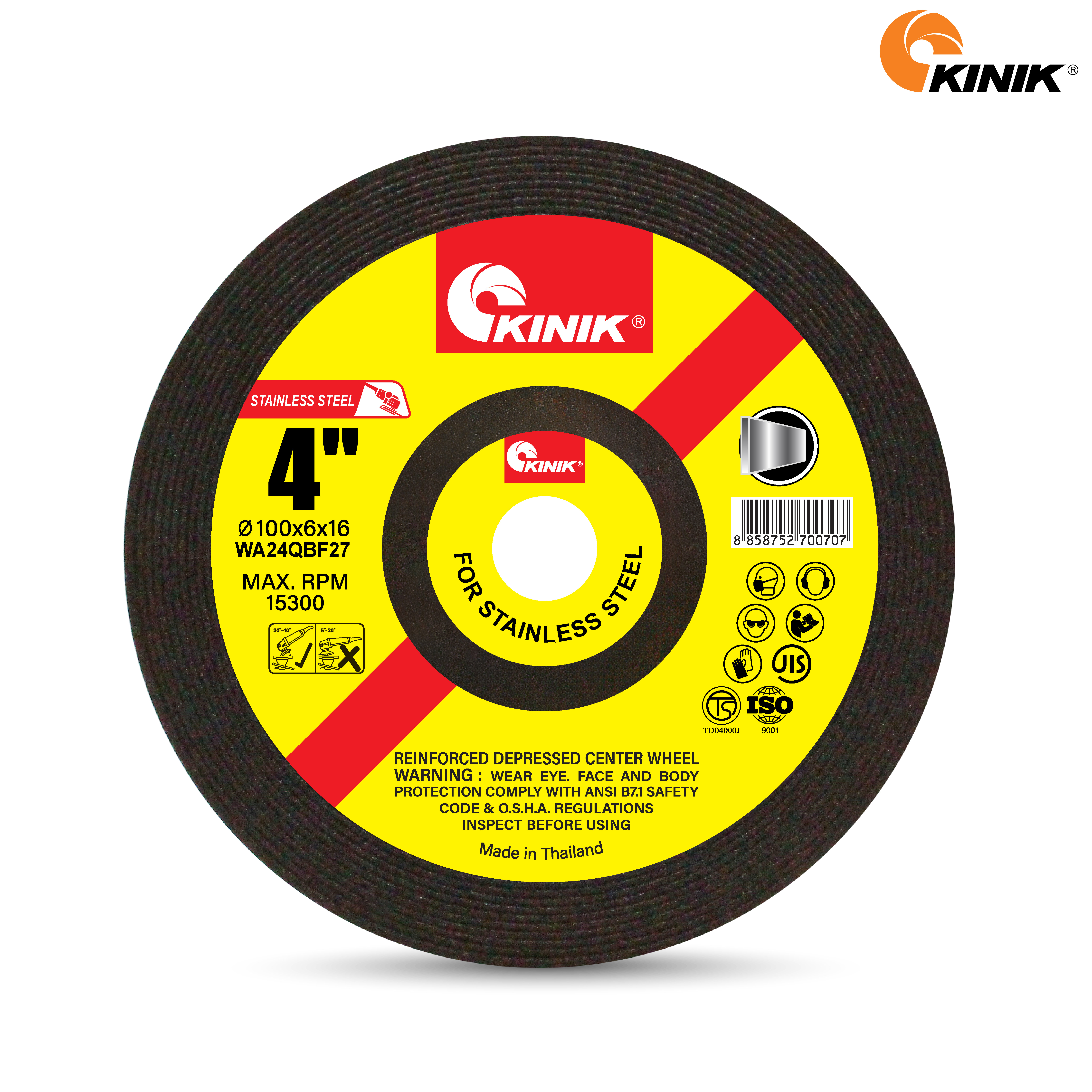แผ่นเจียรสเตนเลส KINIK WA24QBF27 100x6x16 mm.