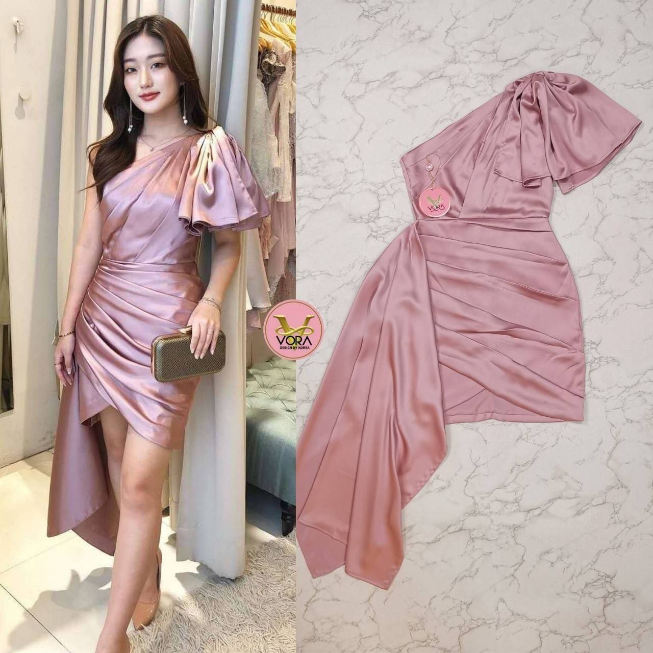 🌼 XS S 🌼ป้าย VoraDress ไหล่เดียวแต่งโบว์ช่วงไหล่จับลอน