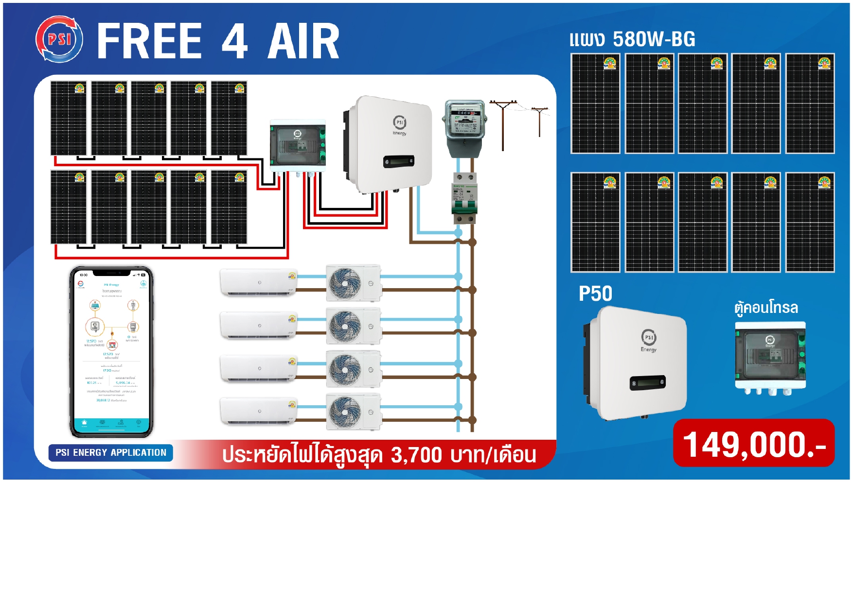 ชุดโซล่าเซลล์ PSI Free 4 Air ราคา 149,000.00 บาท พร้อมติดตั้ง