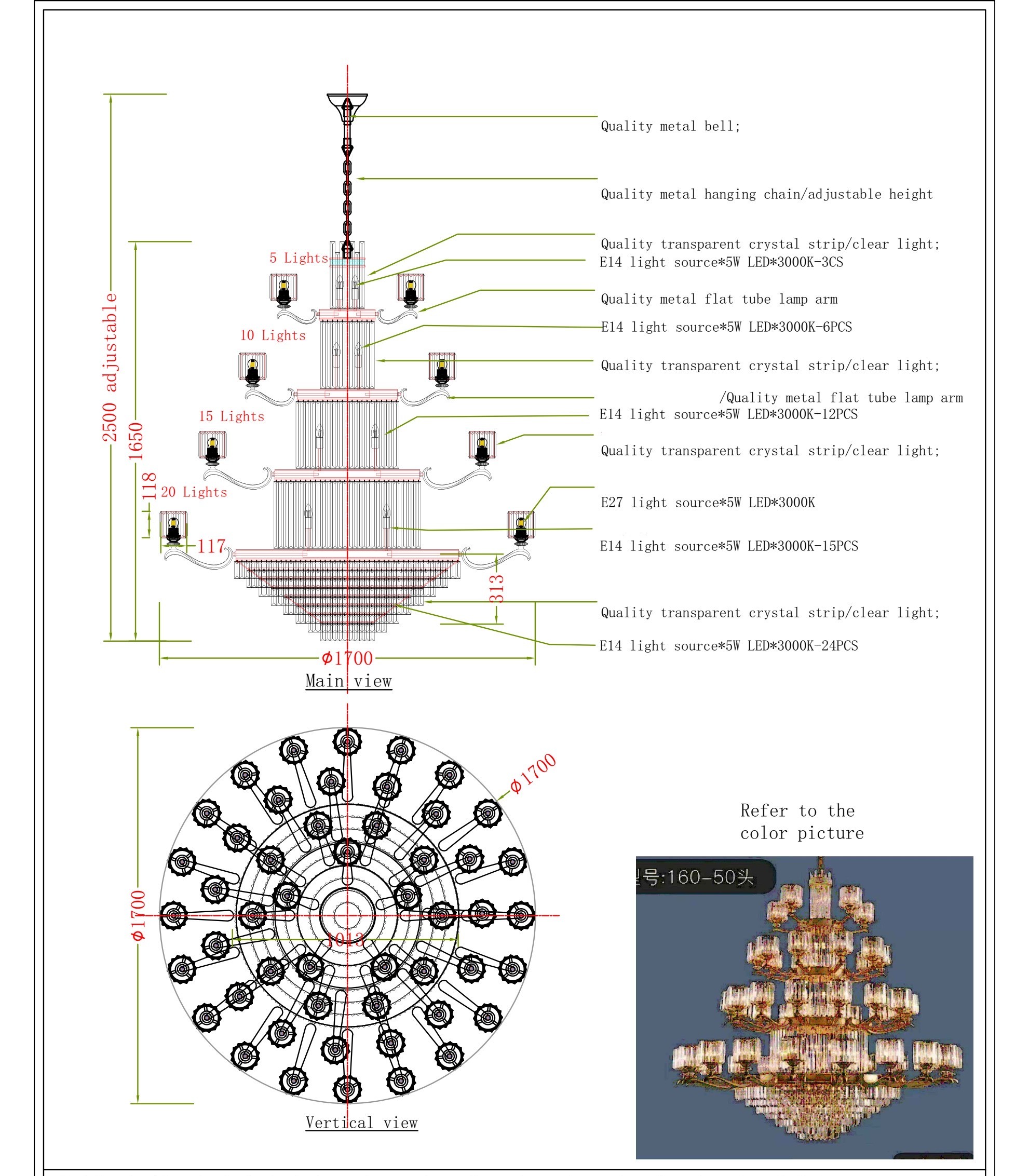 โคมไฟระย้า Chandelier Luxury Design Metal Gold + Clear Crystal 4 layers IP20