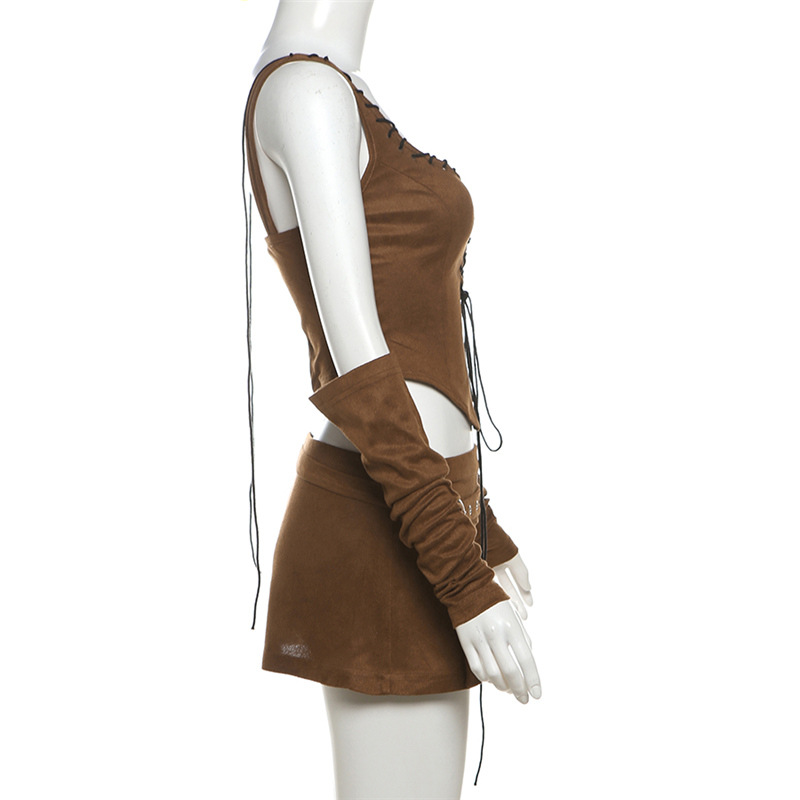 ชุดเซท เสื้อ+กระโปรง+ปลอกแขน สีน้ำตาล CN50563 พร้อมส่งในไทย