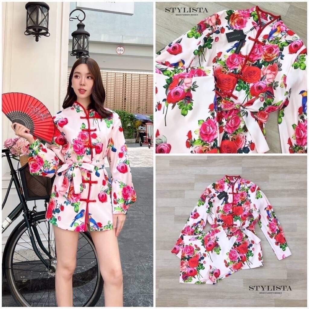⛄ S ⛄STYLISTA เซตเสื้อกี่เพ้าแขนยาว ลายดอกไม้ ลายคมชัด