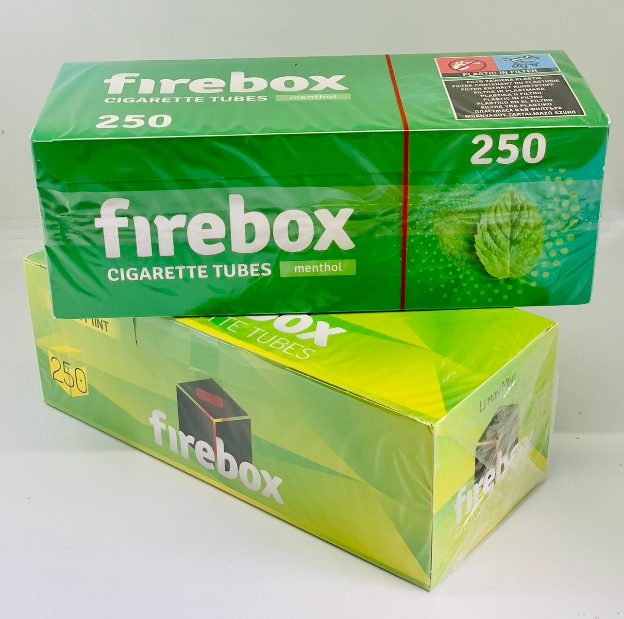Firebox 2 กล่อง ก้นกรองบุหรี่ รุ่นเย็นเมนทอล + รุ่นร้อนกลิ่นมะนาว รวม 500 มวน ความยาวของมวน 17 มม.