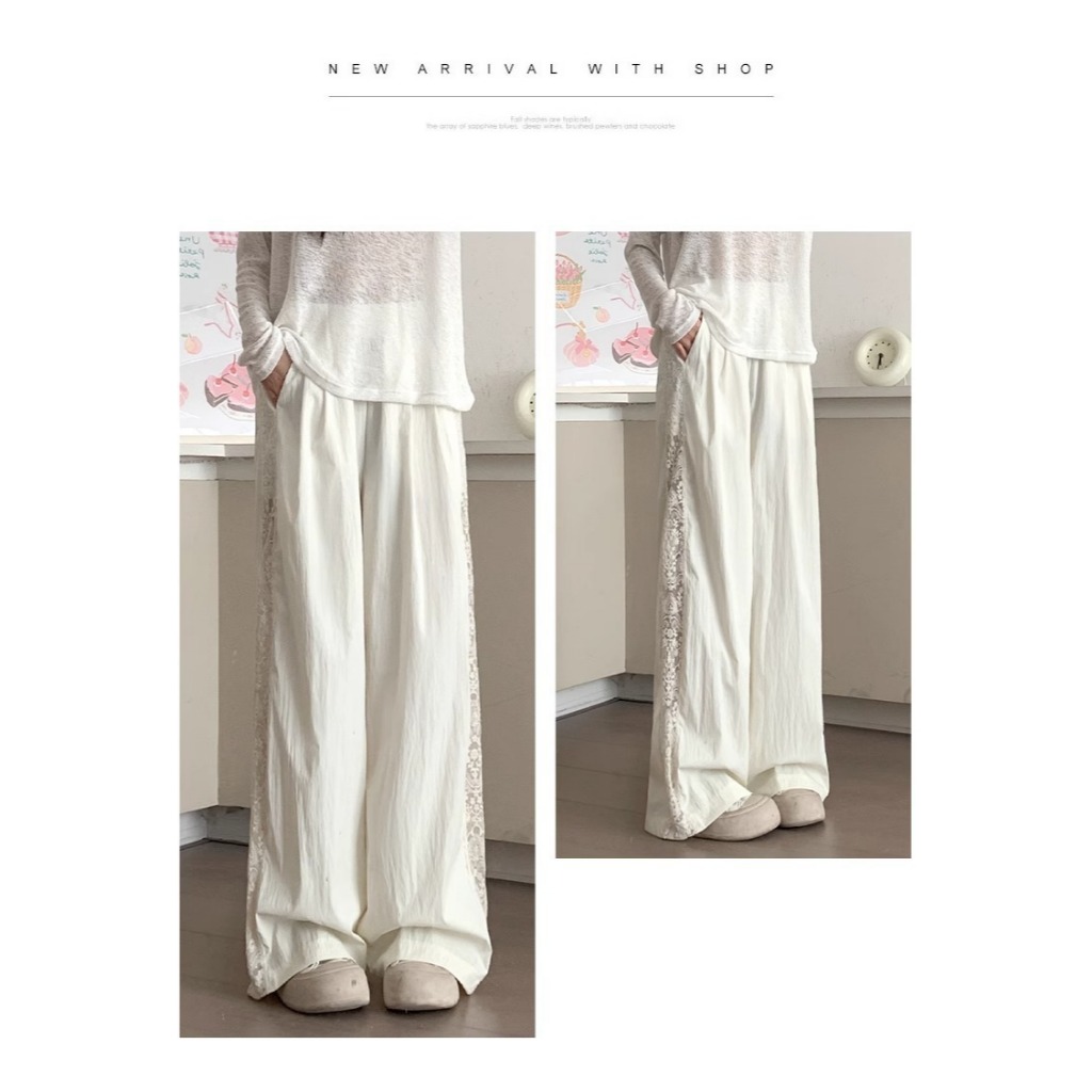 กางเกงวอร์มแถบลูกไม้ กางเกงขายาว สีเบจ รหัส CN200