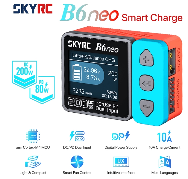 Skyrc B6neo เครื่องชาร์จ แบตเตอรี่ Smart Charger DC 10A 16S 200W PD 80W LiPo LiHv LiFe LiIon PB