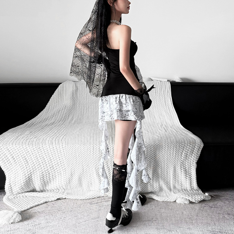 ชุดเดรสเกาะอก ดำ ถักหน้า ฮาโลวีน พร้อมส่งในไทย